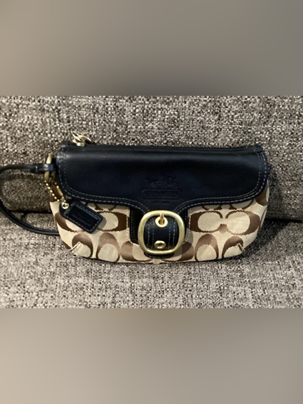 Coach Bleecker Brown Signature Canvas Wristlet with Black Leather Trim